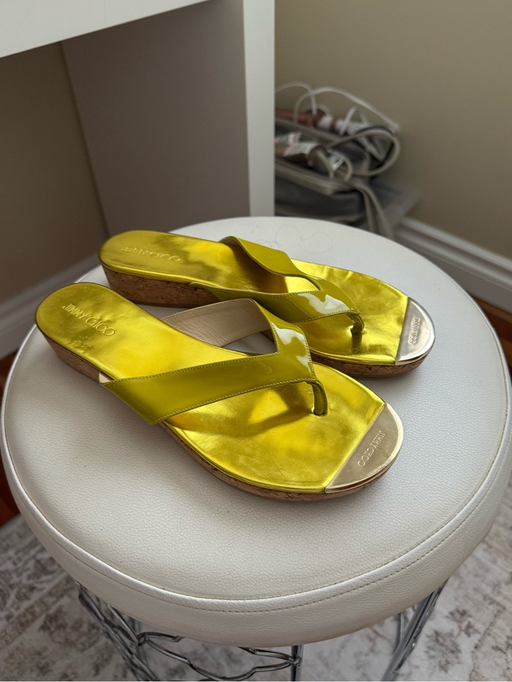 Jimmy Choo Metallic Chartreuse Cork Wedge Thong Sandals